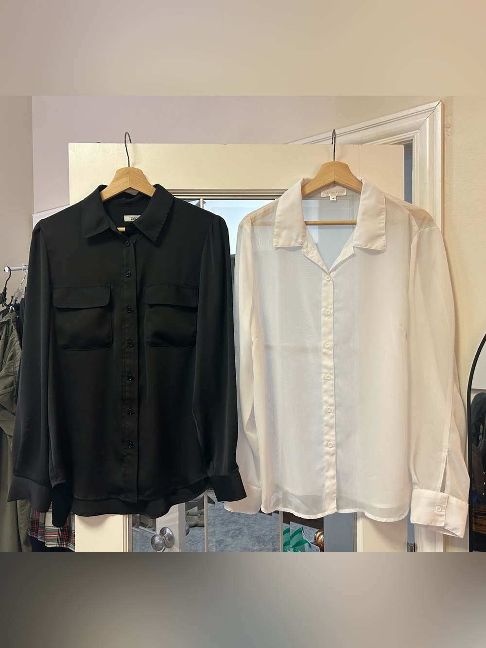 Black Satin & White Sheer Button-Up Blouse Pair - both women’s medium- worn once
